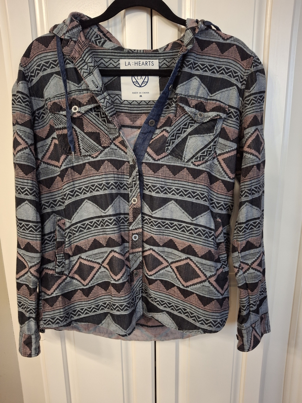 LA Hearts Aztec Hooded Button-Up Shirt Jacket - Blue & Pink